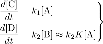 \begin{equation*}\left.\begin{aligned}\frac{d[\mathrm{C}]}{dt}&=k_1[\mathrm{A}] ...
..._2[\mathrm{B}] \approx k_2K[\mathrm{A}]\end{aligned}\right\rbrace\end{equation*}