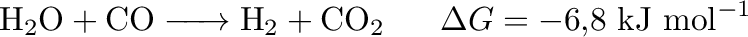 $\displaystyle \ce{H2O + CO -> H2 + CO2} ~~~~~ \Delta G = -6,8 ~ \mathrm{kJ ~ mol^{-1}}$